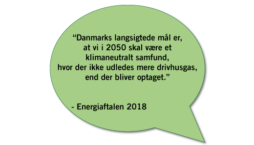 Taleboble med citat fra Energiaftalen 2018 - “Danmarks langsigtede mål er,  at vi i 2050 skal være et klimaneutralt samfund, hvor der ikke udledes mere drivhusgas, end der bliver optaget.”